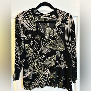 Chicos Travelers Black Floral Print Top with Beige and Sage Leaves - Size 3 = XL